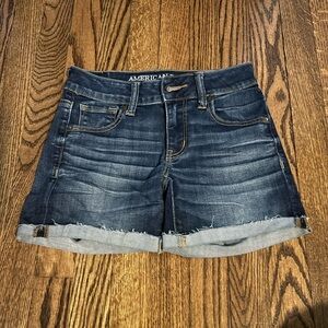 American Eagle Outfitters Dark Blue Rolled-Cuff Denim Shorts